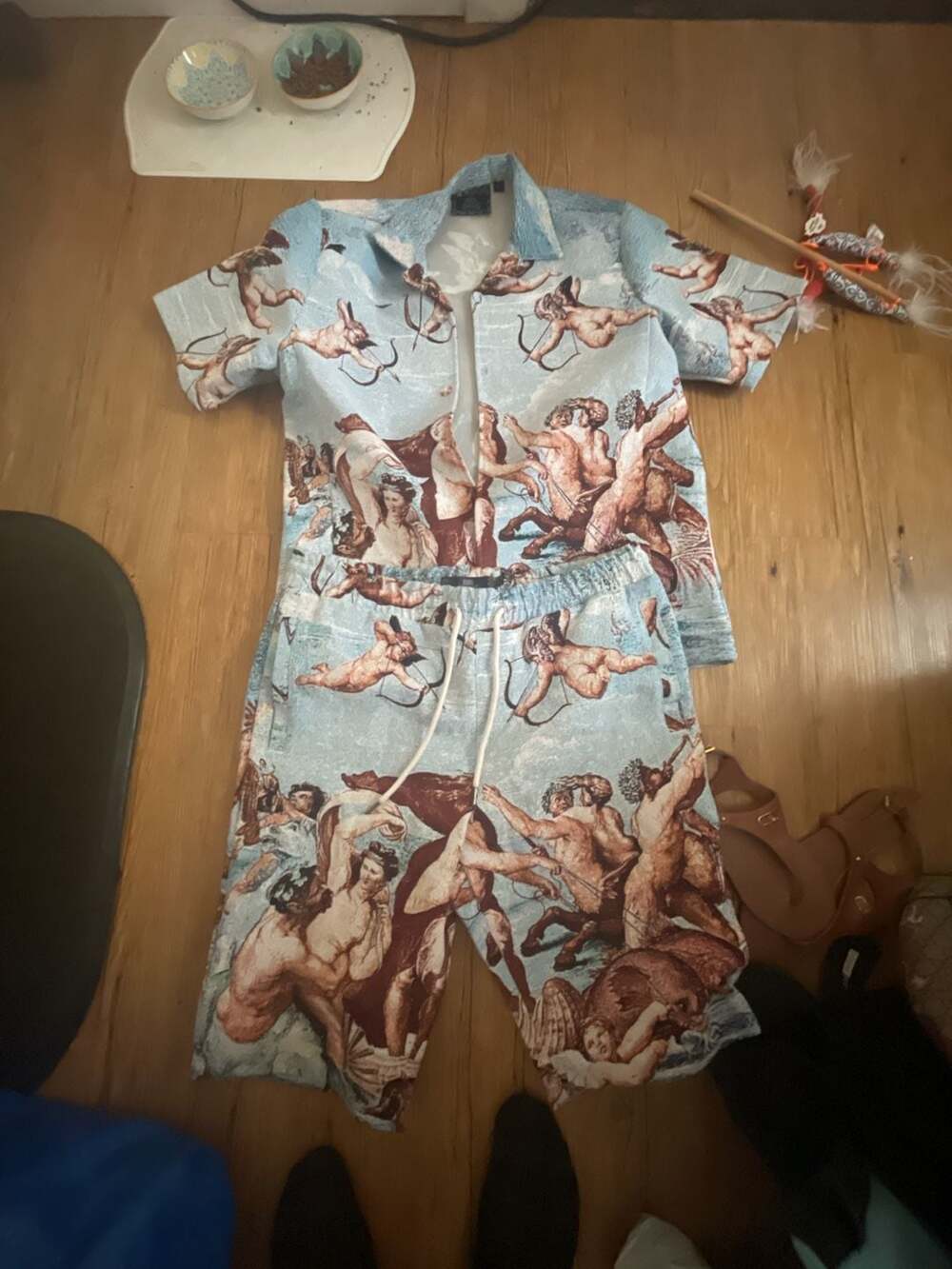 Rebel Vengeance Tapestry Cupid and Angel Print Matching Button-Up Shirt and Shor